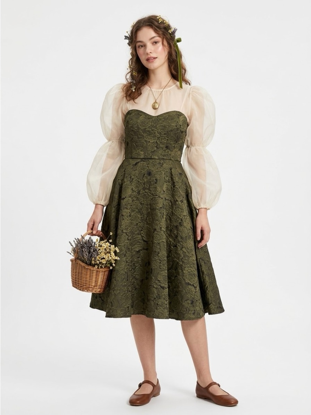 Le Chateau Olive Green Rose Brocade Midi Dress Sweetheart Neckline Goblincore